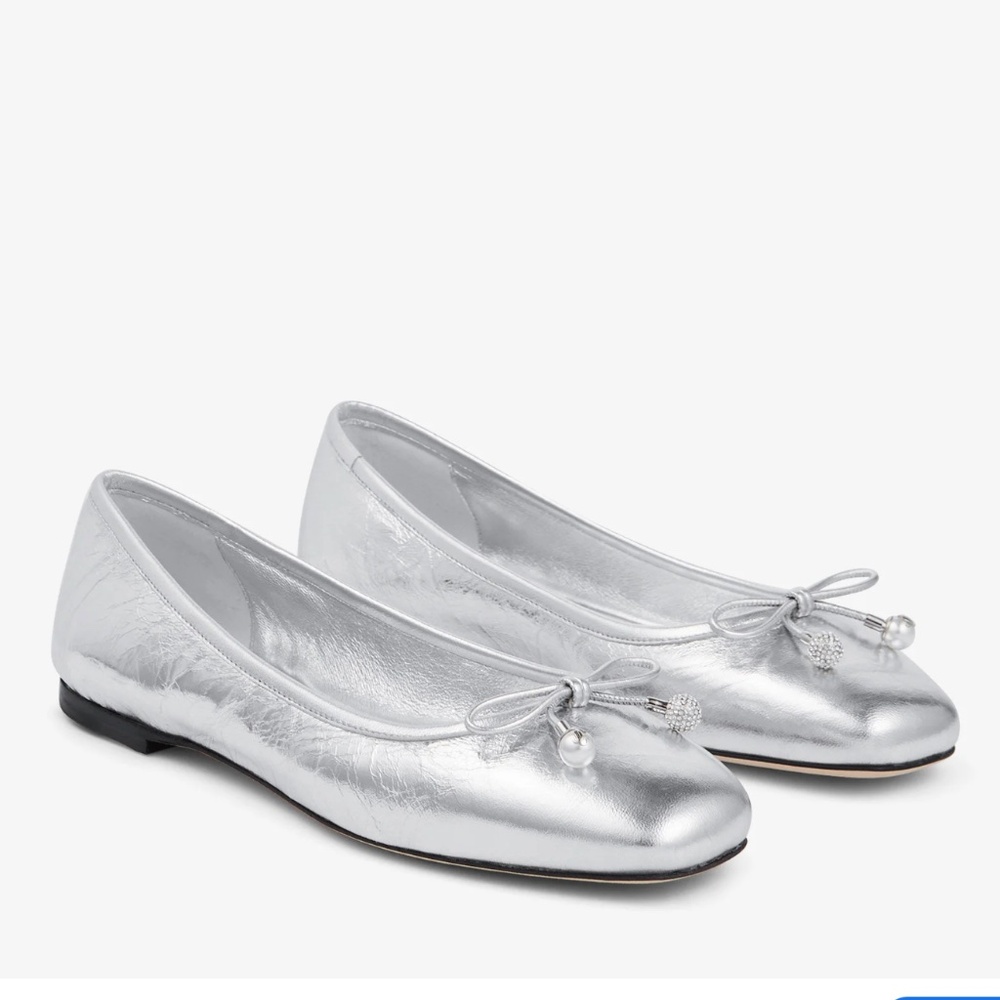 Jimmy Choo Silver Leather Ballet Flats with Bow and Pearl Trim